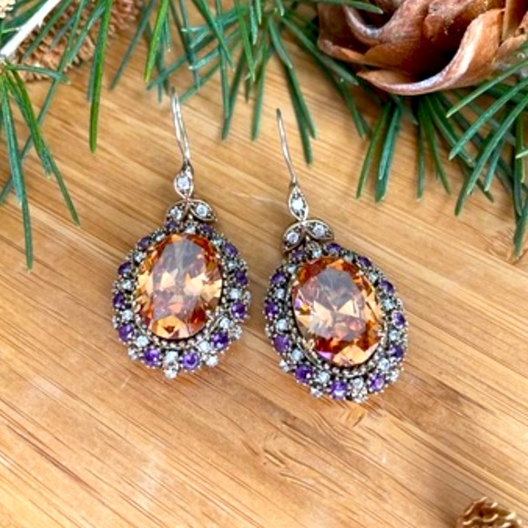 925 Sterling Silver, Orange Topaz, Drop/Dangle Earrings - Picture 7 of 9